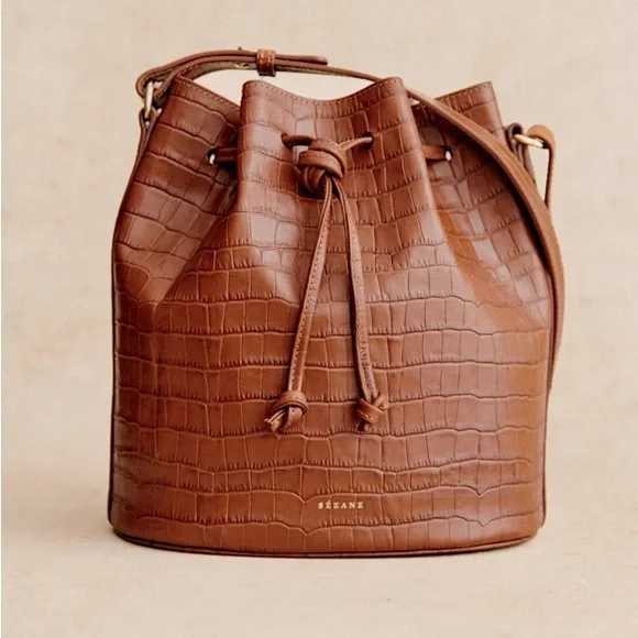 Sezane Brown Croc-Embossed Bucket Bag - Picture 1 of 11